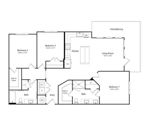 A floor plan of a house with three bedrooms, a kitchen, a living room, and a bathroom.